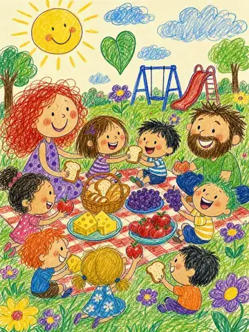 The same park bursting with color as children share food on a picnic blanket