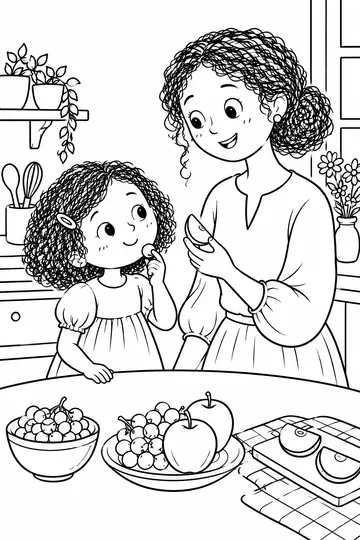 Coloring page: a mom and two children at a table with a picnic basket
