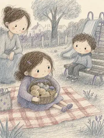 The park drawn in gray pencil while Lia holds her basket of bread close